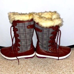 JustFab snow boots. Size 8. Worn twice. Maroon with black and white plaid.